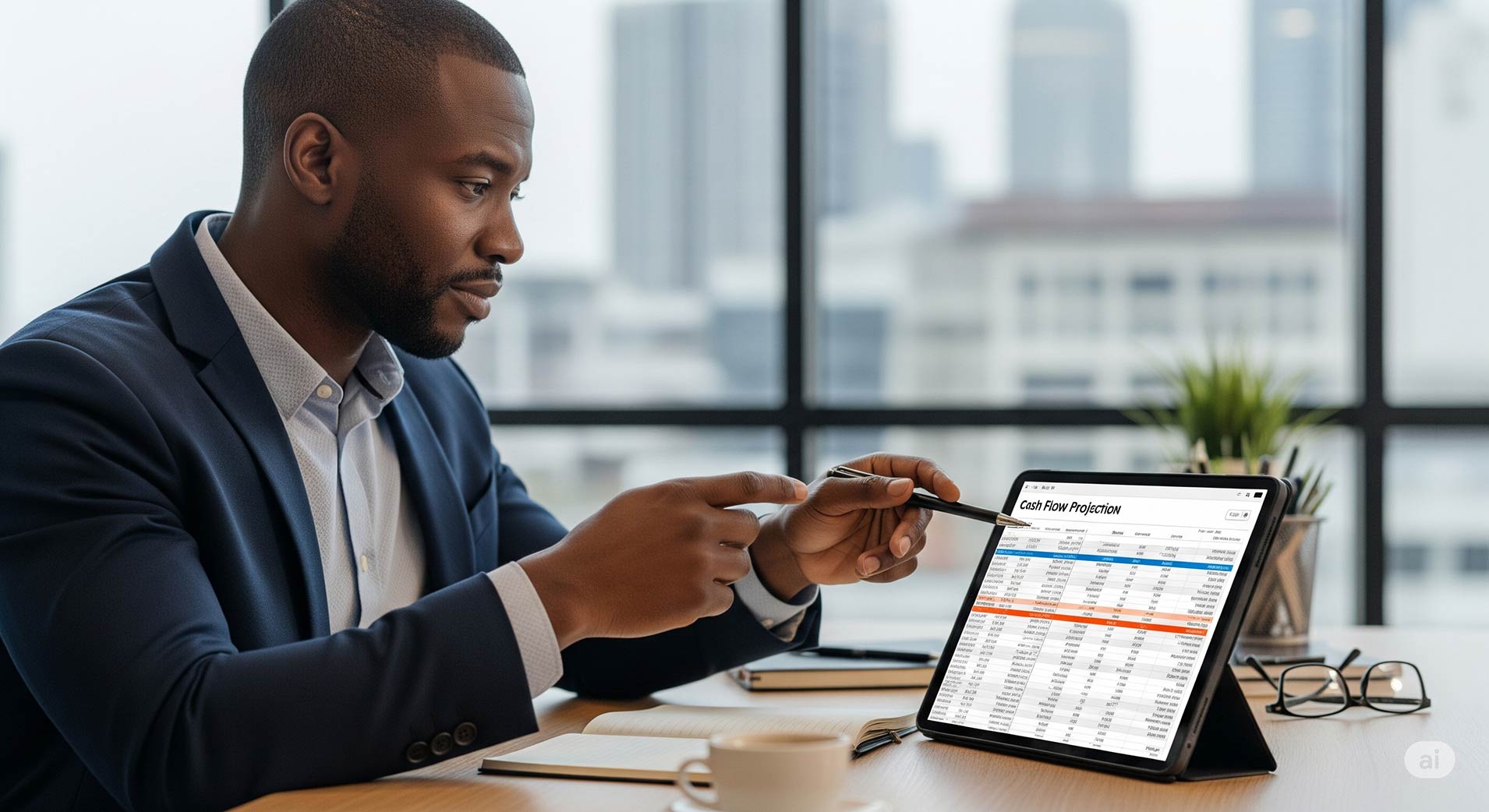 An African businessman looking at a cash flow projection on a tablet.