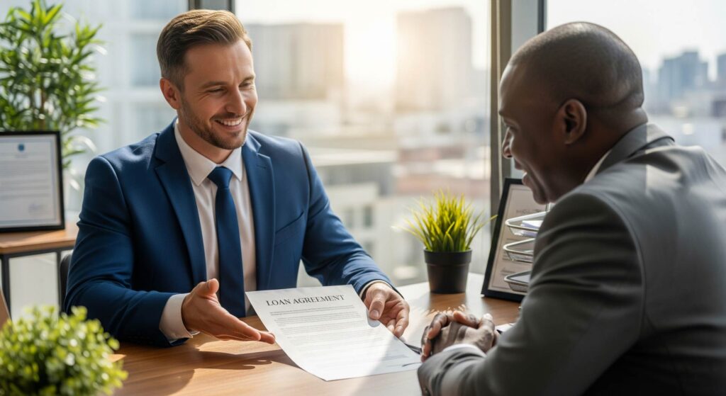A business loan broker showing an African businessman a loan agreement contract.