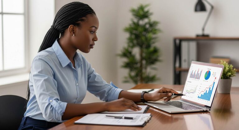 A female African small business owner looking at business growth charts on a laptop.